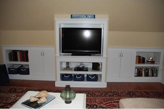Beach style home theater photo in Boston