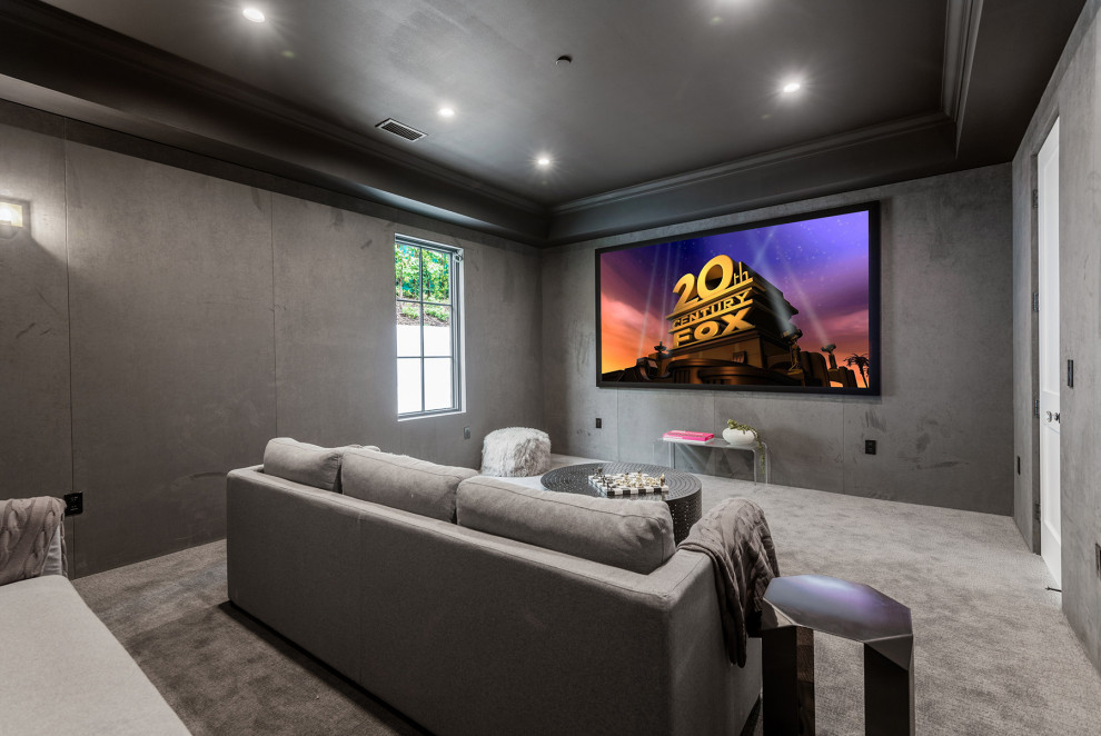 Modelo de cine en casa cerrado clásico renovado con paredes grises, moqueta, televisor colgado en la pared y suelo gris