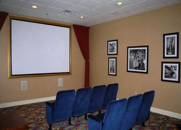 Cette photo montre une salle de cinéma chic de taille moyenne et fermée avec un mur marron, moquette, un écran de projection et un sol multicolore.