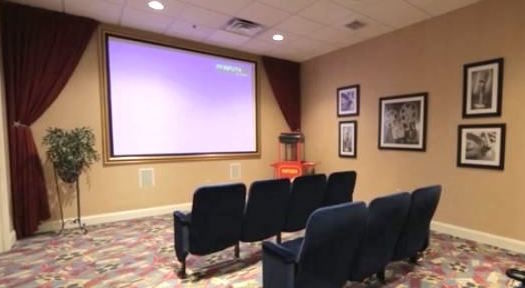 На фото: изолированный домашний кинотеатр среднего размера в классическом стиле с коричневыми стенами, ковровым покрытием, проектором и разноцветным полом