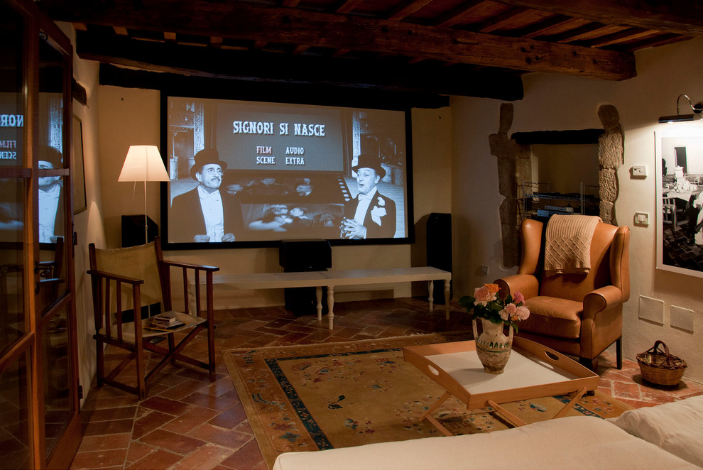 Inspiration for a mediterranean home theater remodel in New York
