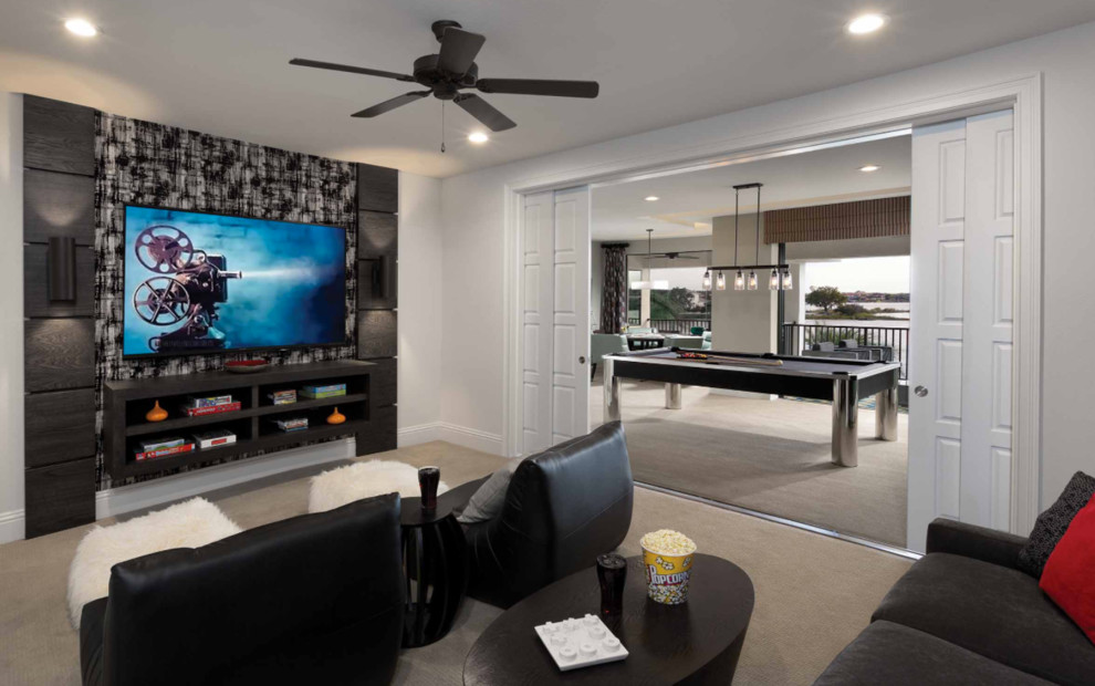Inspiration for a small transitional enclosed carpeted and beige floor home theater remodel in San Diego with white walls and a wall-mounted tv