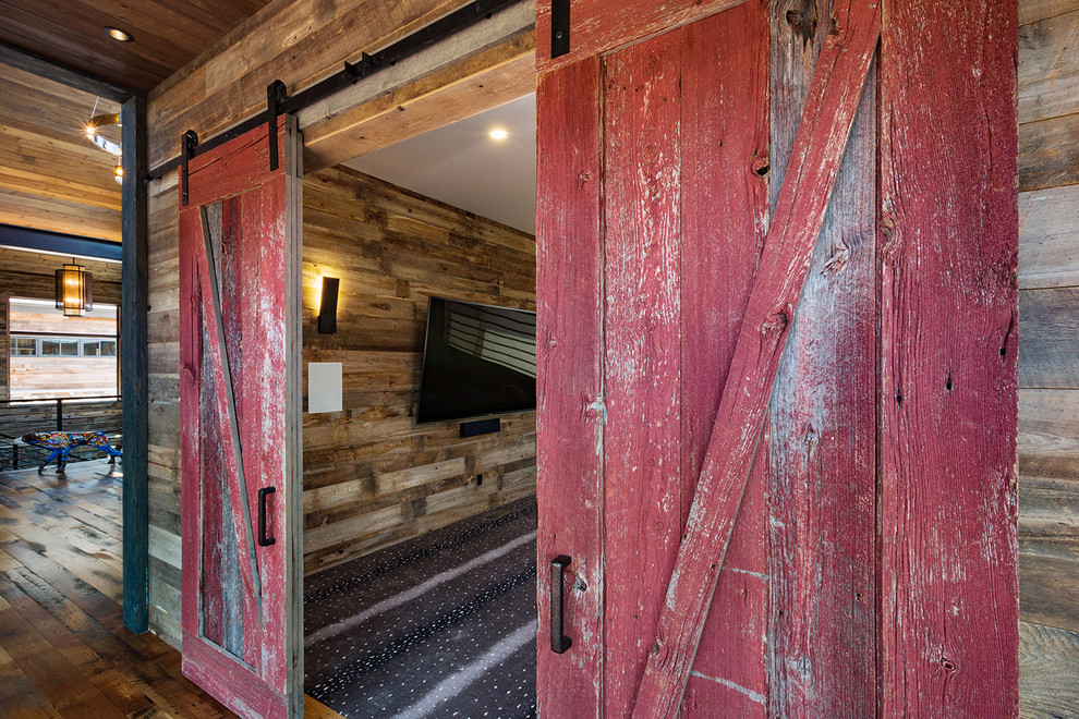 Mittelgroßes, Abgetrenntes Uriges Heimkino mit brauner Wandfarbe, Teppichboden, TV-Wand und buntem Boden in Denver
