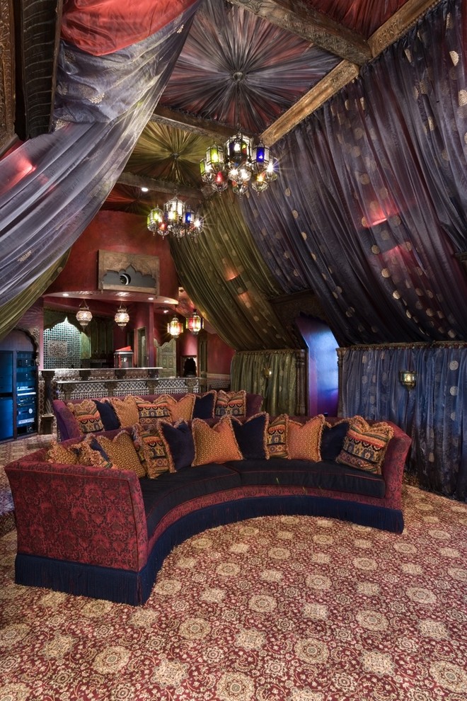 Example of an eclectic home theater design in Dallas