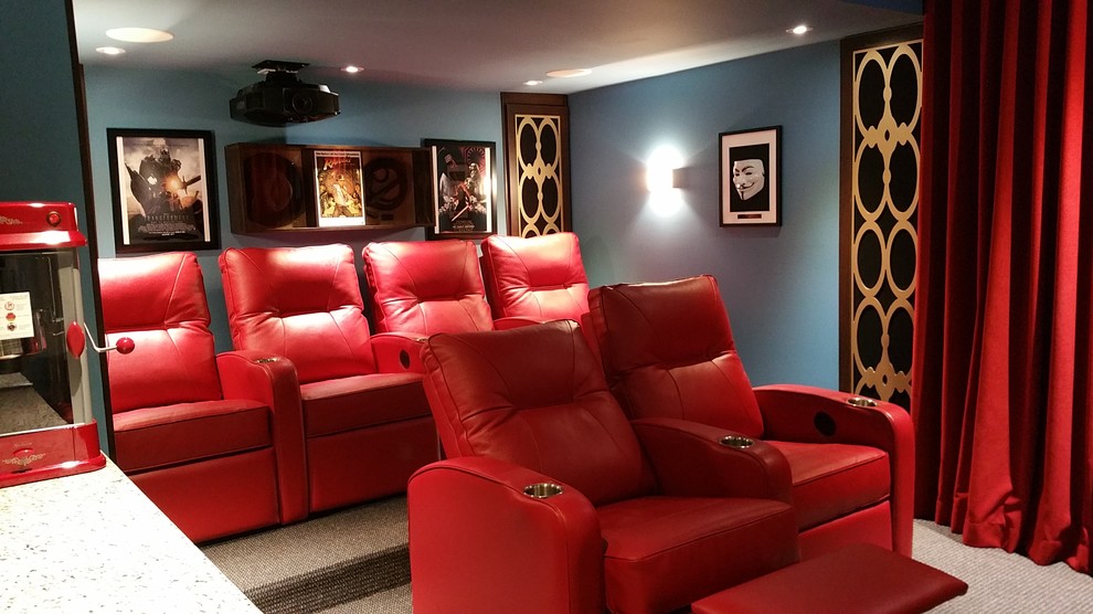 Design ideas for a medium sized classic enclosed home cinema in Montreal with blue walls, carpet, a projector screen and beige floors.