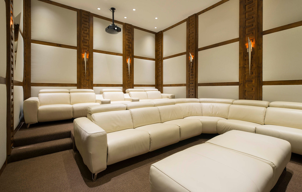 Contemporary enclosed home cinema in Dallas with carpet, grey floors and feature lighting.