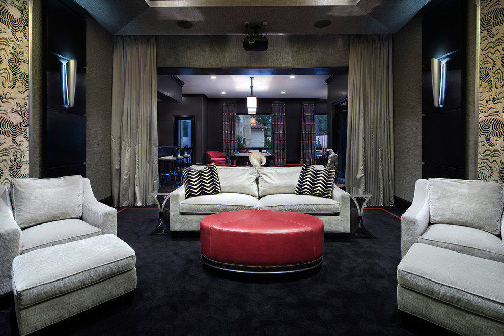 Photo of a classic enclosed home cinema in Houston with grey walls, carpet and black floors.