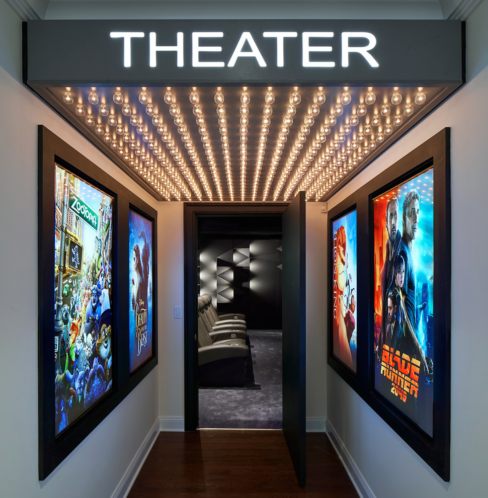 Inspiration for a contemporary carpeted and gray floor home theater remodel in New York with gray walls
