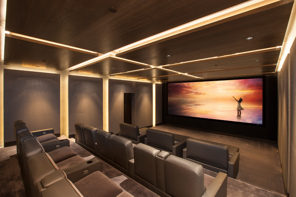 Cette photo montre une grande salle de cinéma tendance fermée avec moquette, un écran de projection, un mur gris et un sol gris.