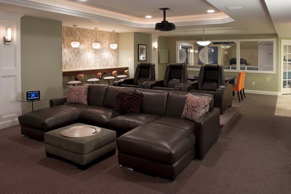 Example of a large trendy open concept carpeted and beige floor home theater design in Philadelphia with multicolored walls and a projector screen