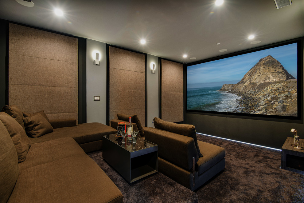 На фото: изолированный домашний кинотеатр среднего размера в современном стиле с разноцветными стенами, ковровым покрытием и проектором с