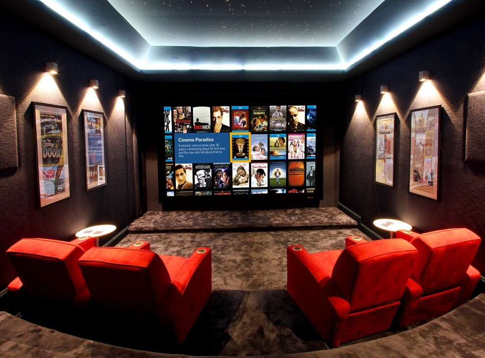 Стильный дизайн: домашний кинотеатр в современном стиле с ковровым покрытием - последний тренд