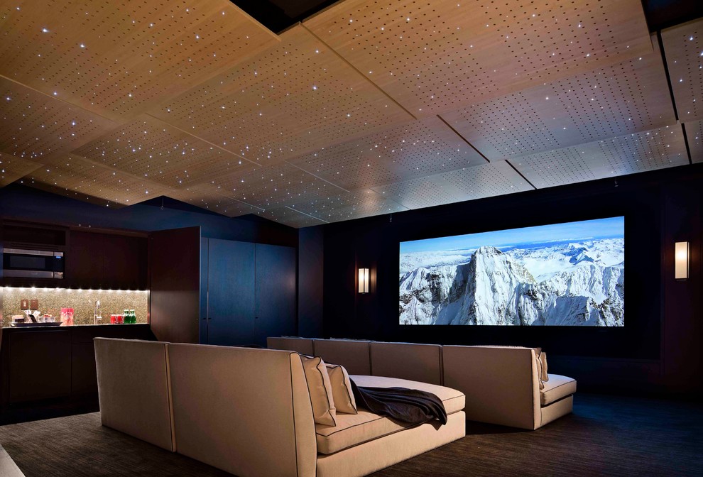 Imagen de cine en casa cerrado contemporáneo de tamaño medio con suelo marrón, paredes negras, moqueta y pantalla de proyección