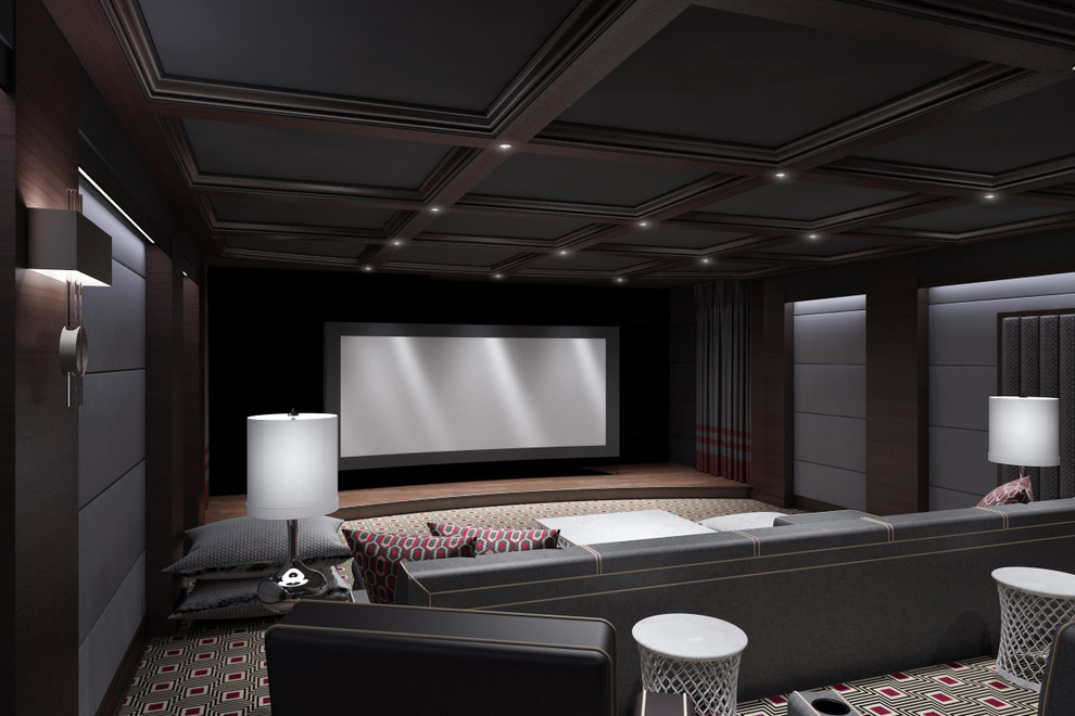Immagine di un grande home theatre minimal chiuso con pareti grigie, moquette e schermo di proiezione