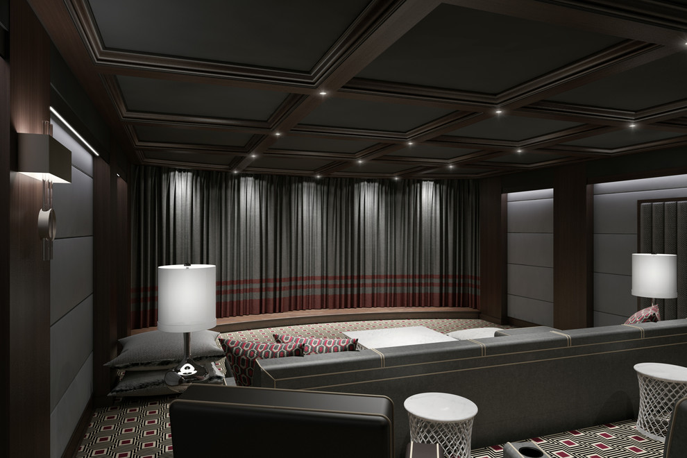Modelo de cine en casa cerrado actual grande con paredes grises, moqueta y pantalla de proyección