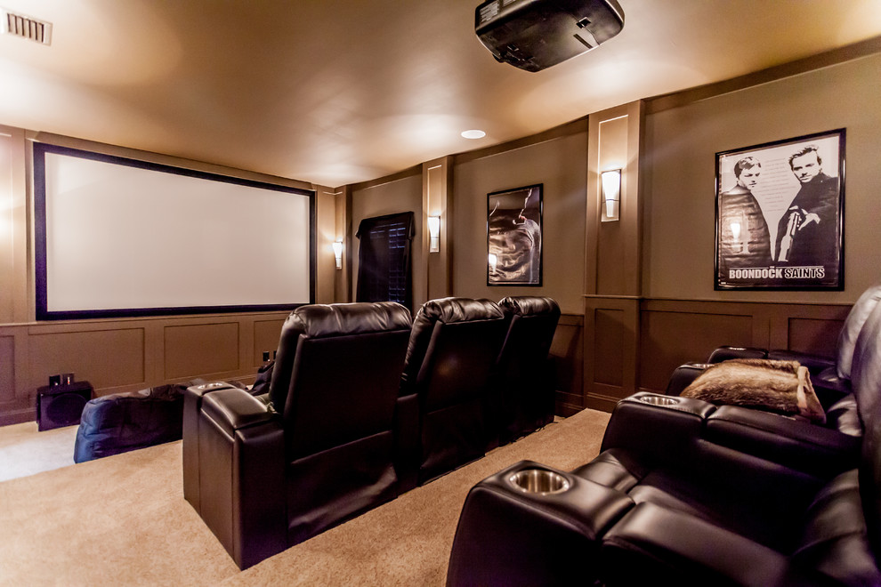 Inspiration for a medium sized classic enclosed home cinema in Jacksonville with brown walls, carpet and a projector screen.