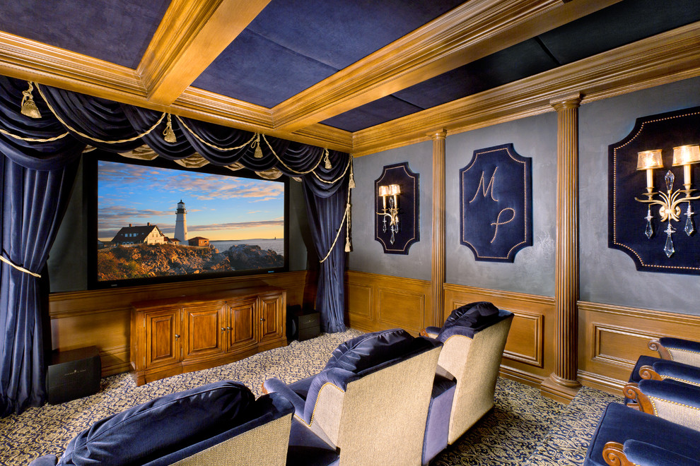 Inspiration for a timeless home theater remodel in Orange County