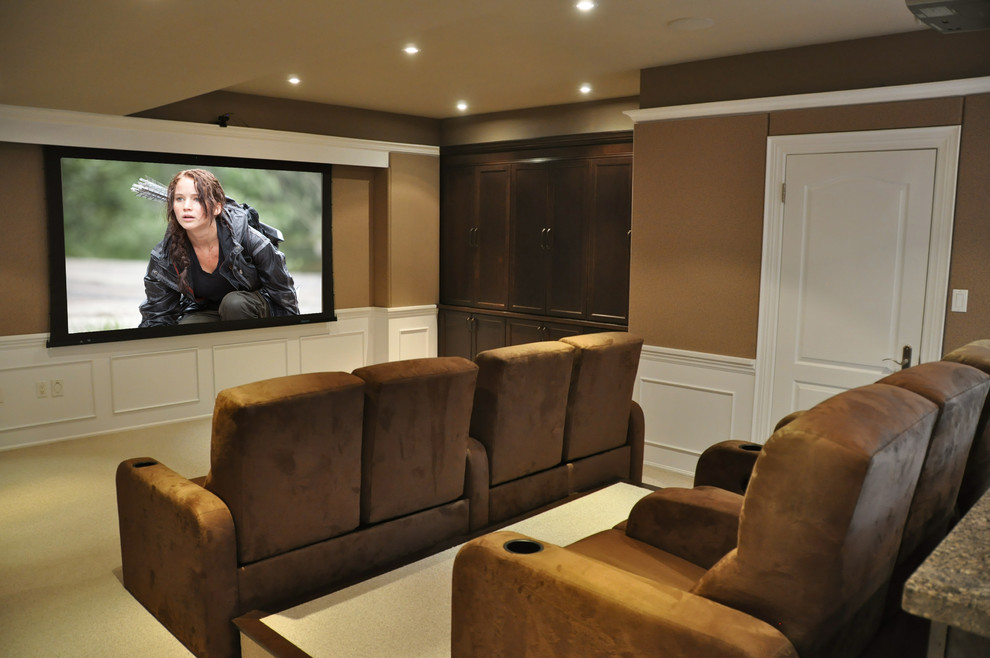 This is an example of a contemporary home cinema in Toronto.