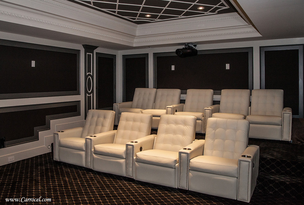 Photo of a large modern home cinema in Toronto.