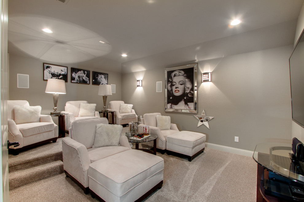 Example of a large enclosed carpeted home theater design in Dallas with gray walls and a wall-mounted tv