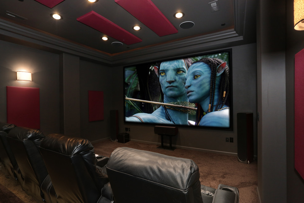 Inspiration for a rustic home theater remodel in Denver