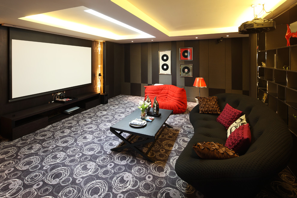 Inspiration for a modern home theater remodel in Other