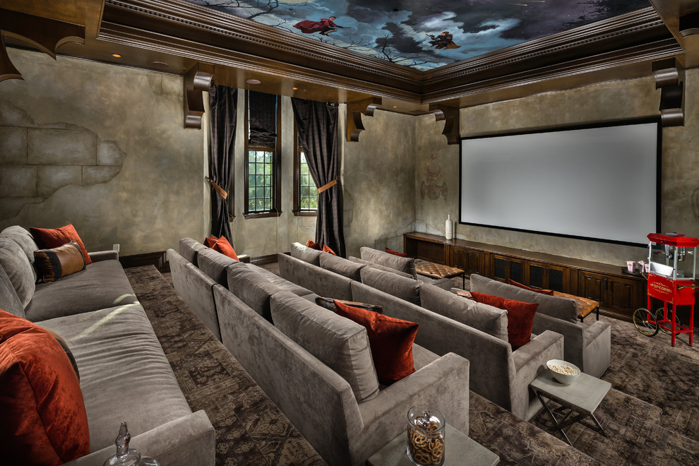 Design ideas for an expansive mediterranean enclosed home cinema in Los Angeles with multi-coloured walls, carpet, a projector screen and multi-coloured floors.