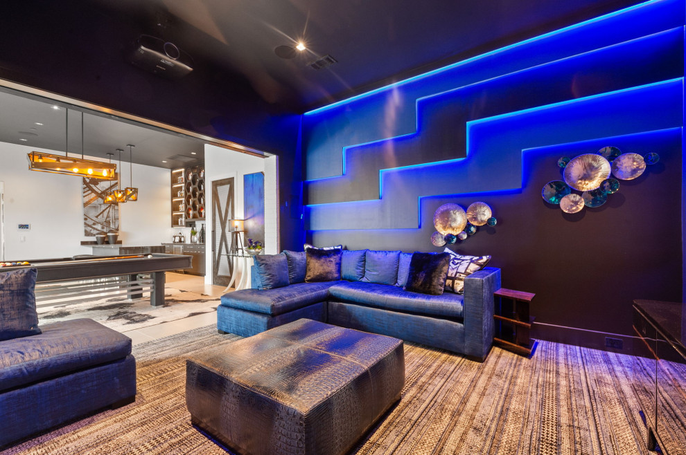 Contemporary home cinema in Dallas with feature lighting.