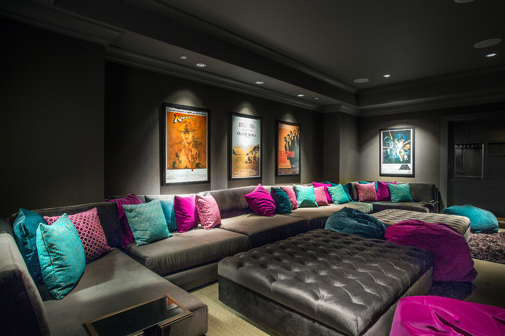 Traditional home cinema in Other with black walls.