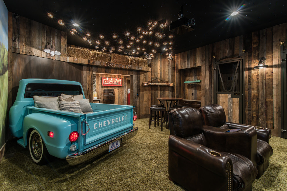 Design ideas for a rustic enclosed home cinema in Charlotte with brown walls, carpet and green floors.