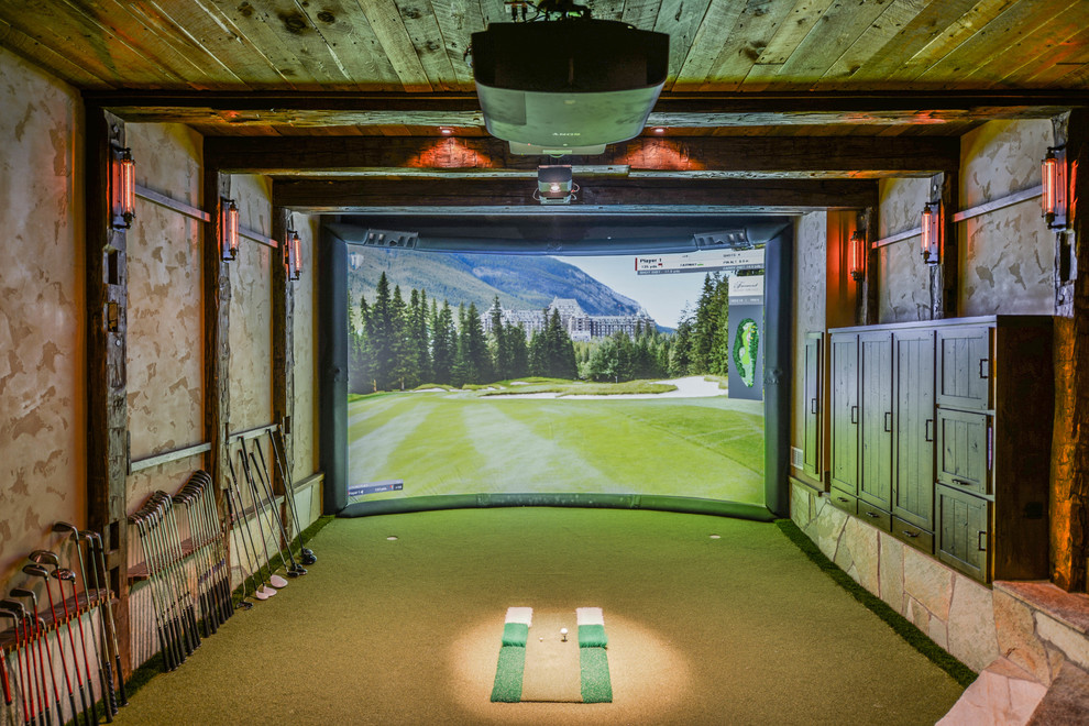 Example of a large mountain style enclosed home theater design in Minneapolis with brown walls and a projector screen