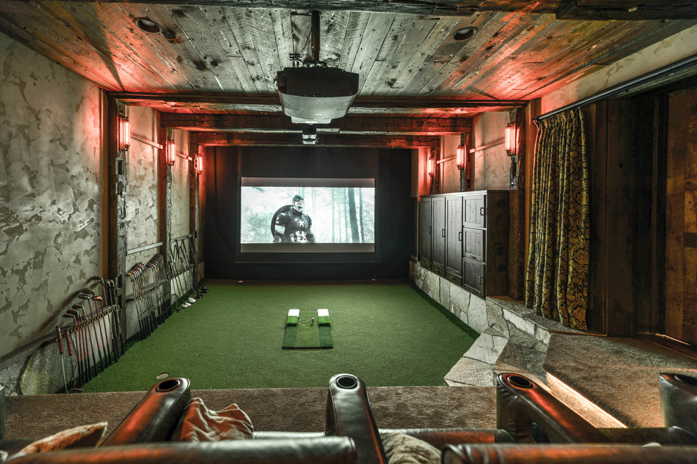 Design ideas for a large rustic enclosed home cinema in Minneapolis with brown walls and a projector screen.