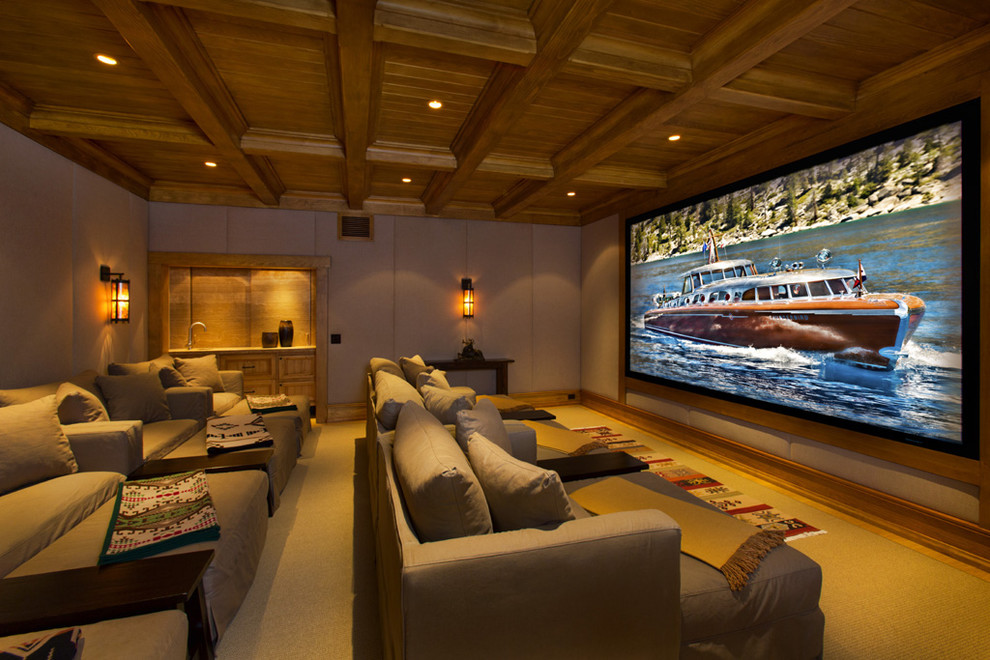 Large rustic enclosed home cinema in Sacramento with a built-in media unit.