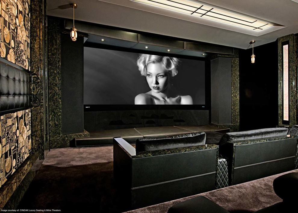 Источник вдохновения для домашнего уюта: изолированный домашний кинотеатр среднего размера в современном стиле с разноцветными стенами, ковровым покрытием и проектором