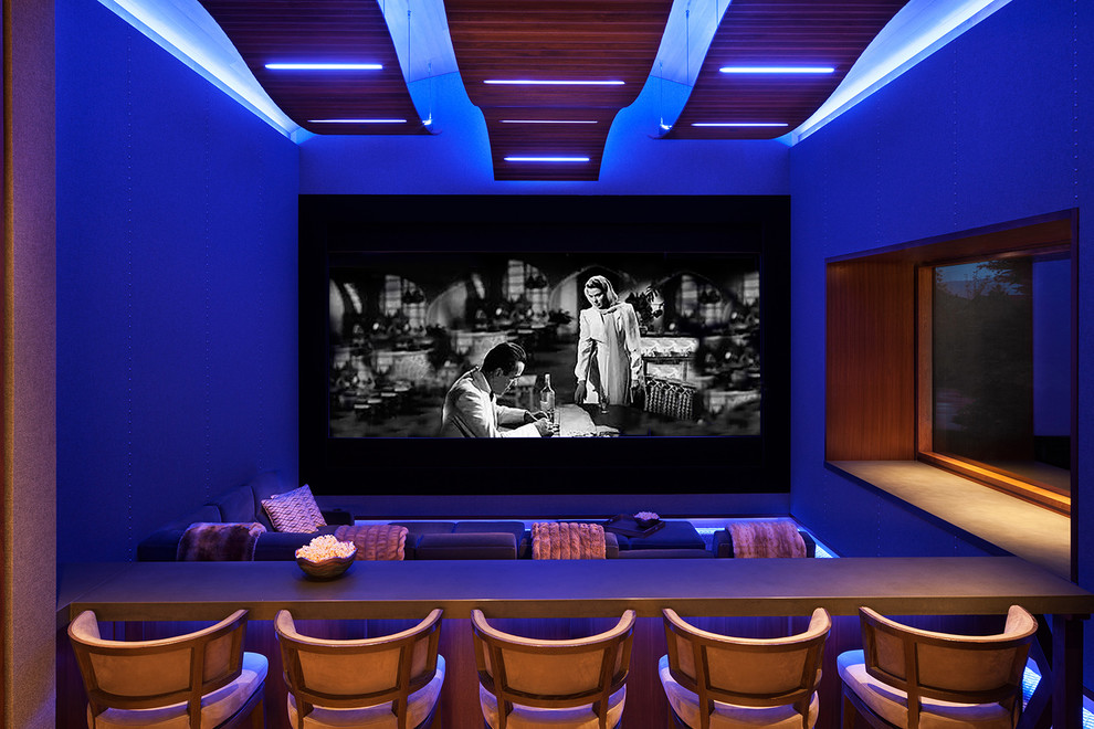 Cette image montre une très grande salle de cinéma chalet fermée avec un écran de projection.