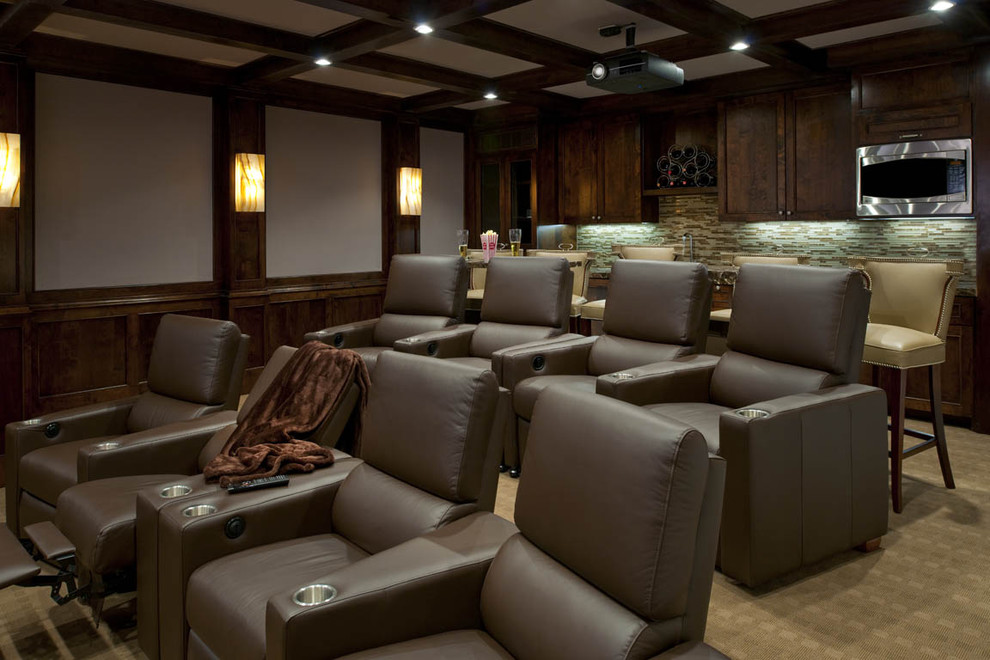 Transitional beige floor home theater photo in Dallas