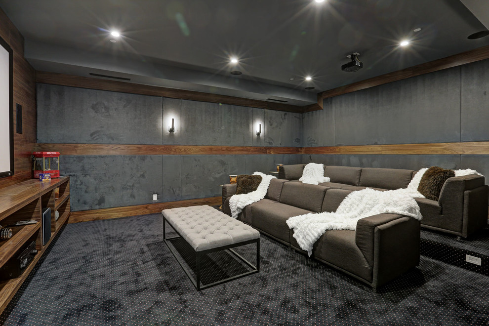 Réalisation d'une grande salle de cinéma minimaliste fermée avec un mur gris, moquette, un écran de projection et un sol gris.