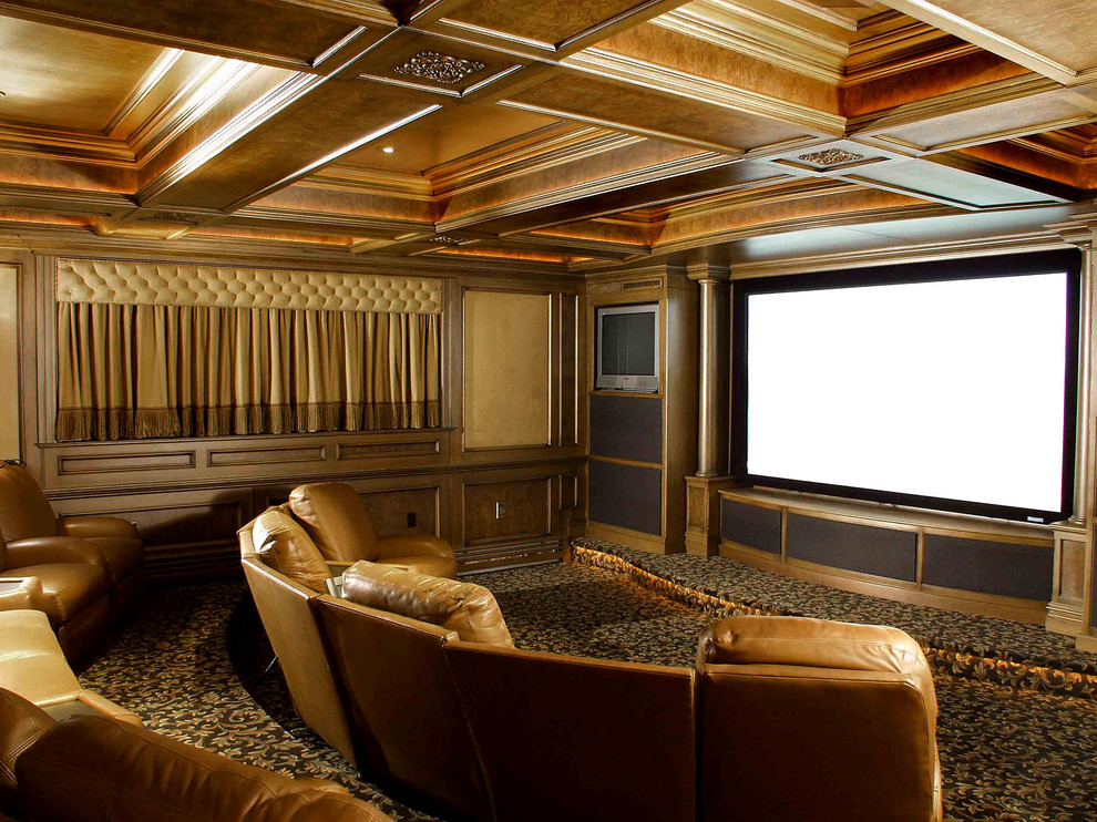 Home theater - large contemporary carpeted and multicolored floor home theater idea in Detroit with beige walls and a media wall