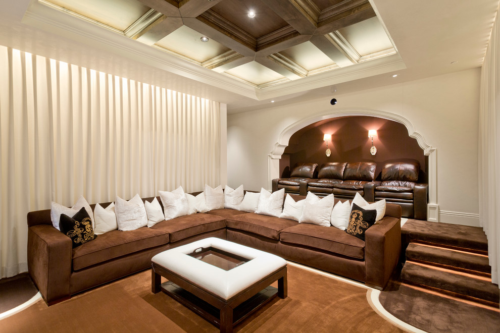 Large tuscan enclosed carpeted and brown floor home theater photo in Phoenix with brown walls