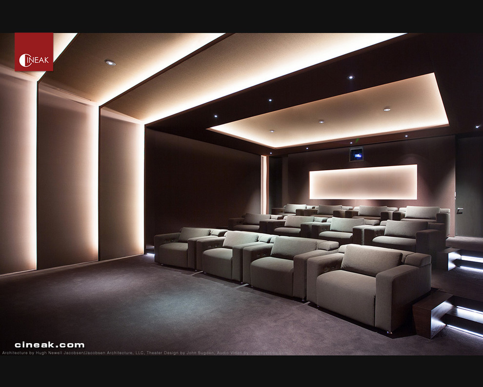 Design ideas for a modern home cinema in Los Angeles.