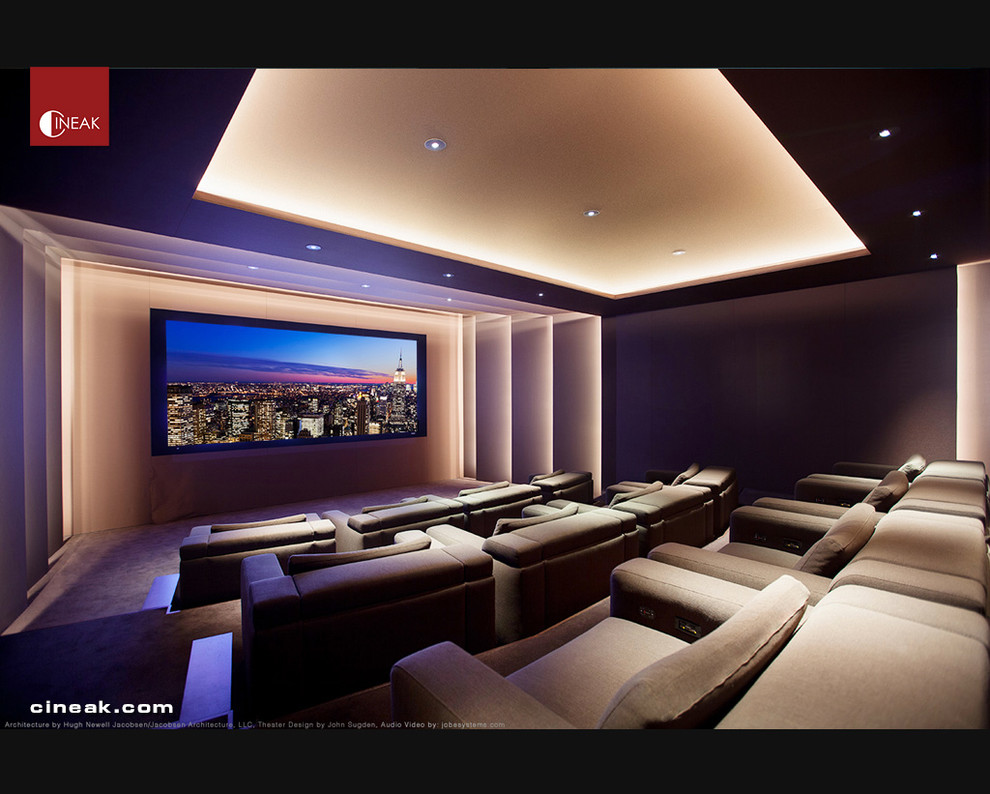 Inspiration for a modern home theater remodel in Los Angeles