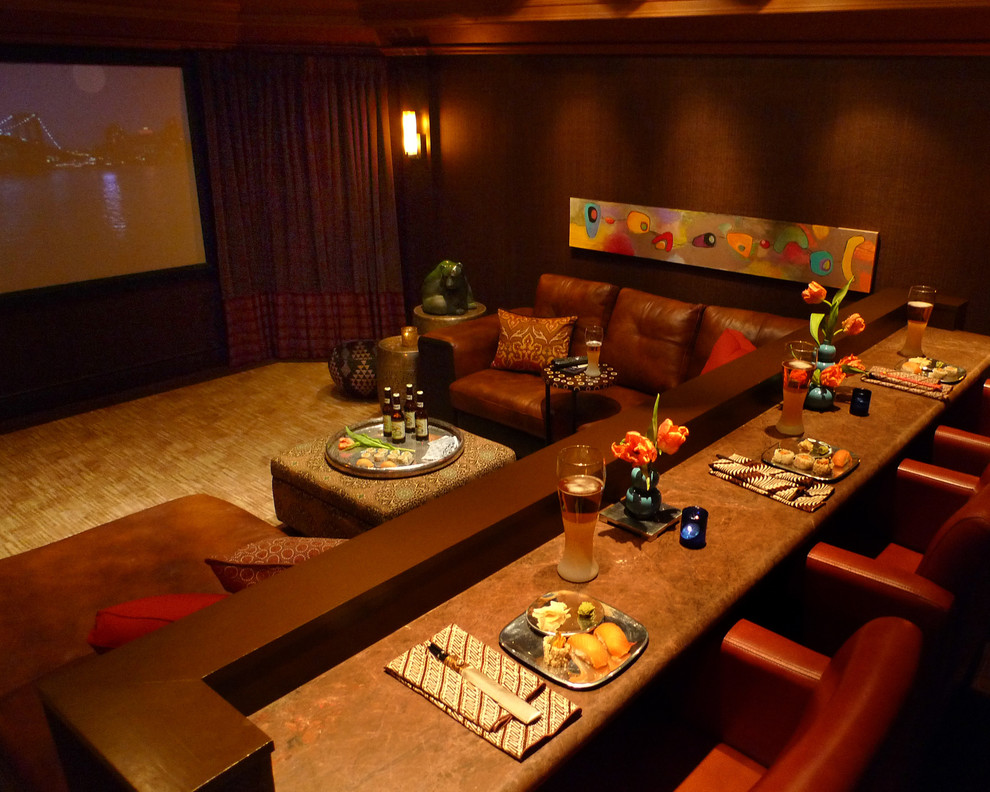 Home theater - large contemporary enclosed carpeted home theater idea in Dallas with brown walls and a projector screen