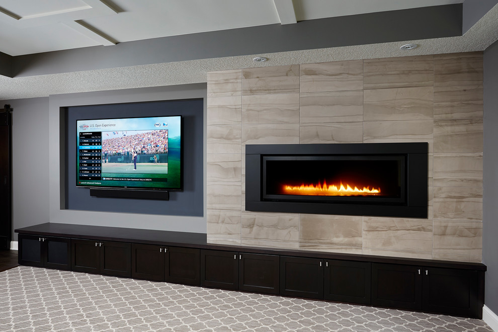 Fireplace Transitional Home Theater Minneapolis by RHouse