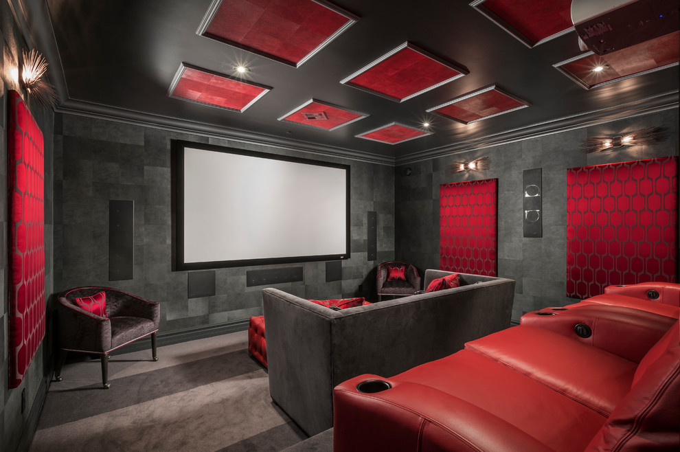 Inspiration for a large contemporary enclosed carpeted and gray floor home theater remodel in Phoenix with black walls and a projector screen