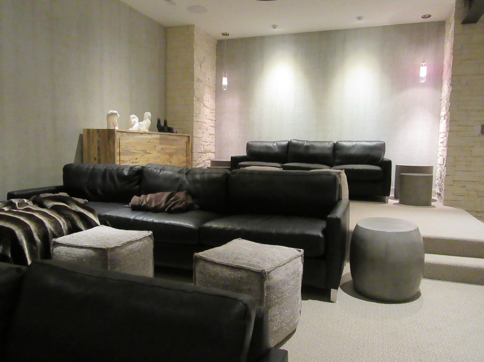 Example of a huge minimalist open concept carpeted and gray floor home theater design in San Francisco with white walls and a wall-mounted tv