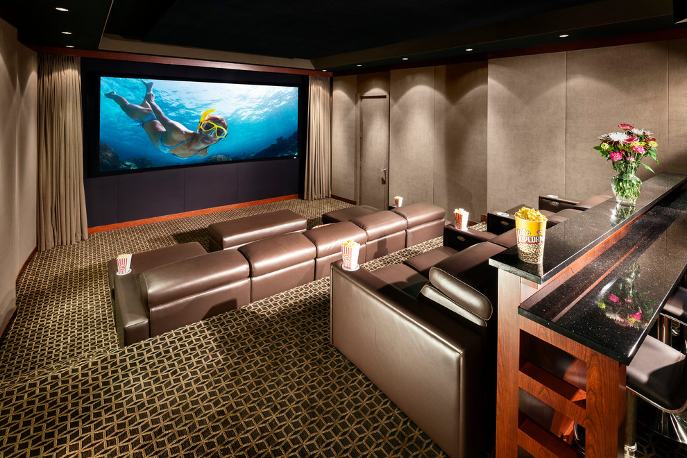 Imagen de cine en casa cerrado clásico renovado de tamaño medio con paredes marrones, moqueta, pantalla de proyección y suelo multicolor