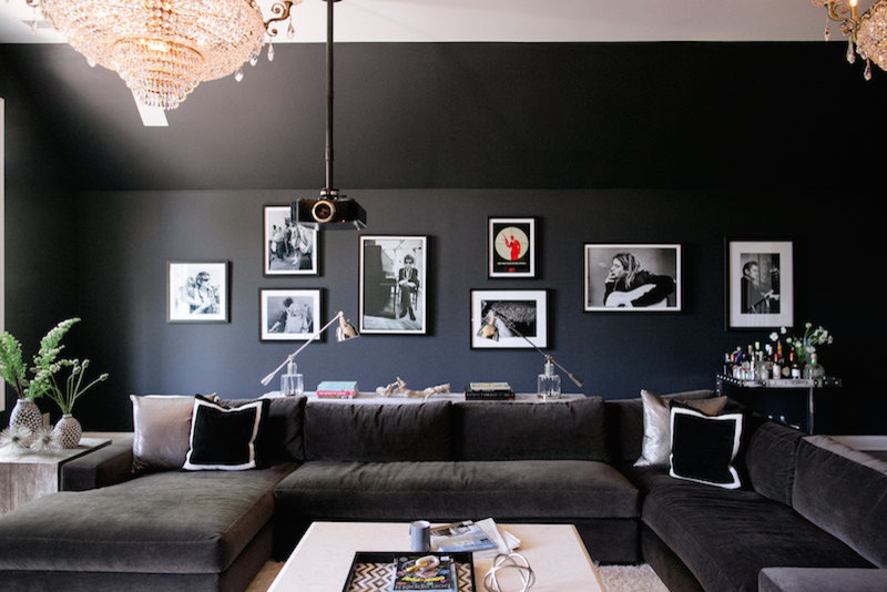 Inspiration för stora moderna avskilda hemmabior, med svarta väggar, mellanmörkt trägolv och projektorduk