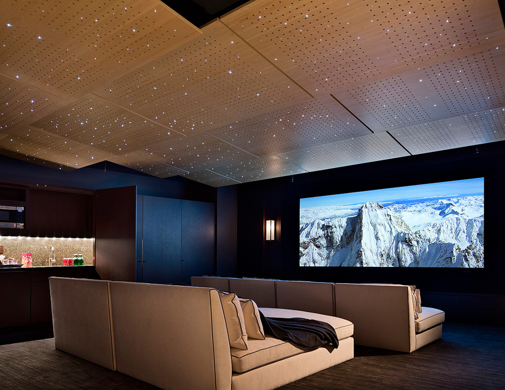 На фото: большой изолированный домашний кинотеатр в современном стиле с черными стенами, ковровым покрытием и телевизором на стене с