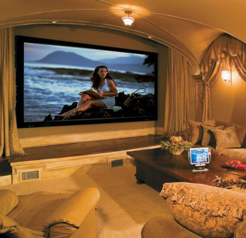 Design ideas for a large traditional enclosed home cinema in Atlanta with beige walls, ceramic flooring, a built-in media unit and beige floors.