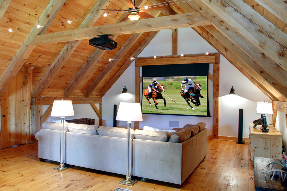 Elegant medium tone wood floor home theater photo in Bridgeport with white walls and a projector screen